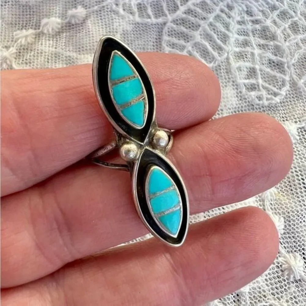 Vintage Native Turquoise Inlay Zuni Dishta Long Ring